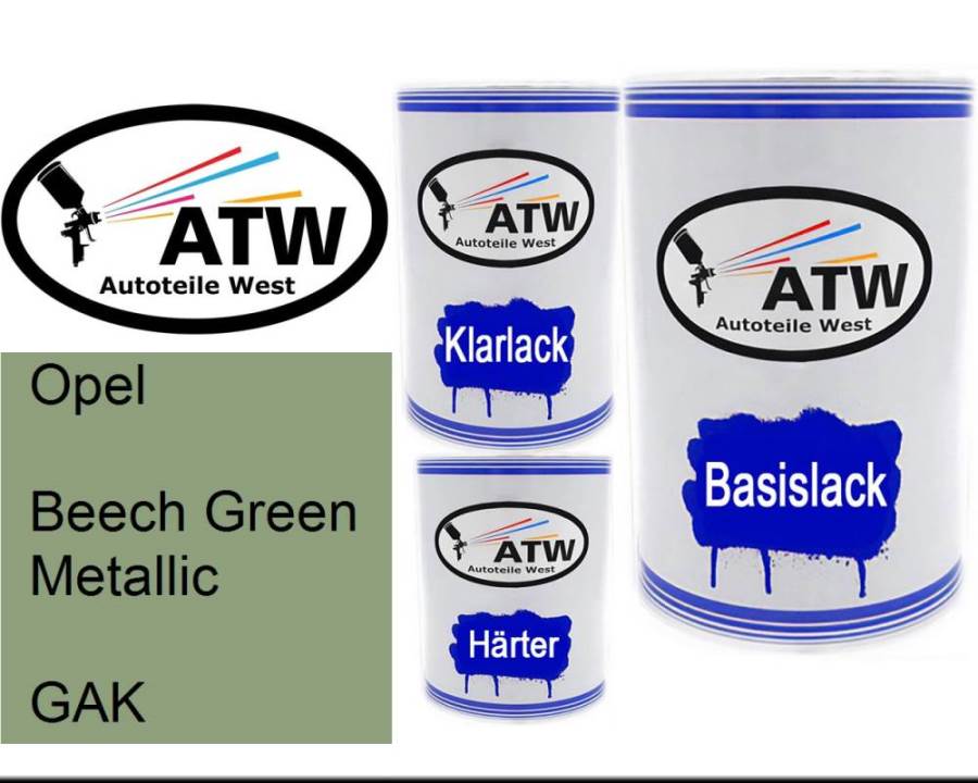 Opel, Beech Green Metallic, GAK: 500ml Lackdose + 500ml Klarlack + 250ml Härter - Set, von ATW Autoteile West.